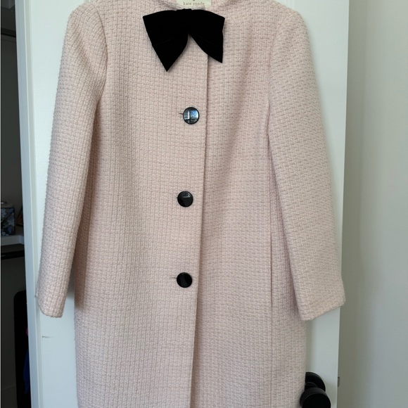 Kate Spade Bow Tweed Coat in Rose Dew Pink with Detachable Black Velvet Bow - Picture 2 of 8